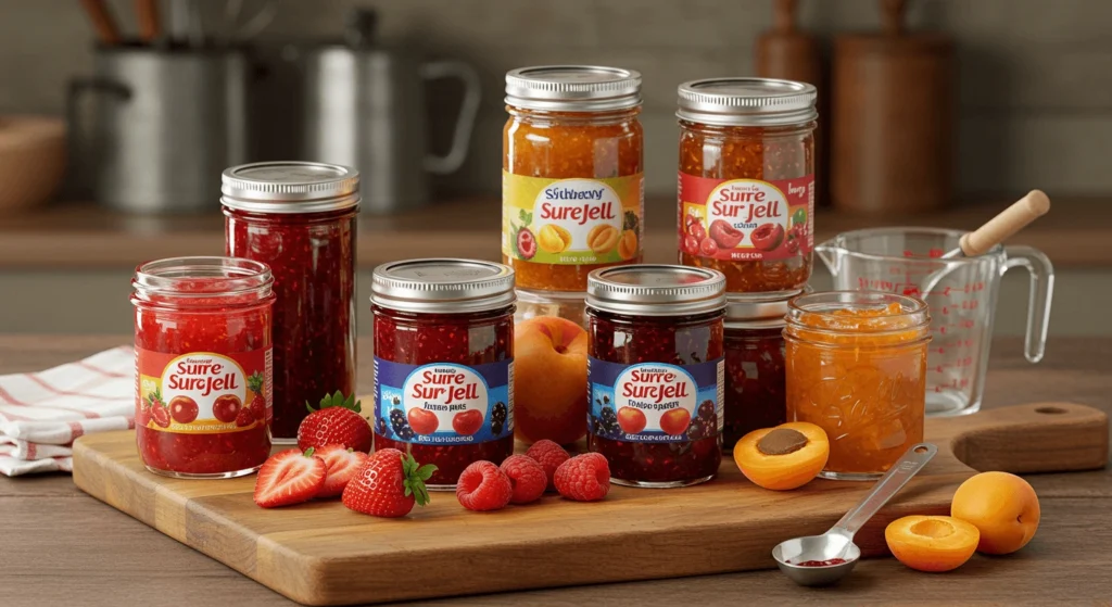 A variety of homemade jams, including strawberry, raspberry, and apricot, displayed on a kitchen counter alongside fresh fruit ingredients.