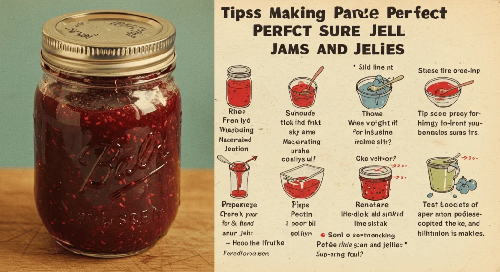 An illustrated guide featuring tips on making perfect jams and jellies using Sure Jell, displayed alongside a jar of homemade raspberry jam.