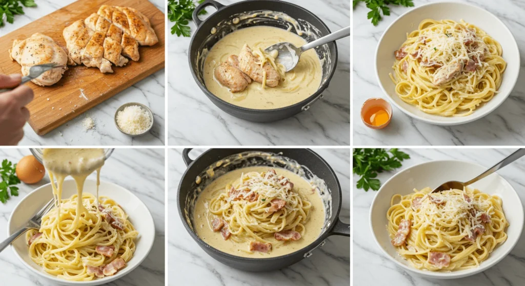 A step-by-step process of making creamy chicken pasta is depicted in six images.