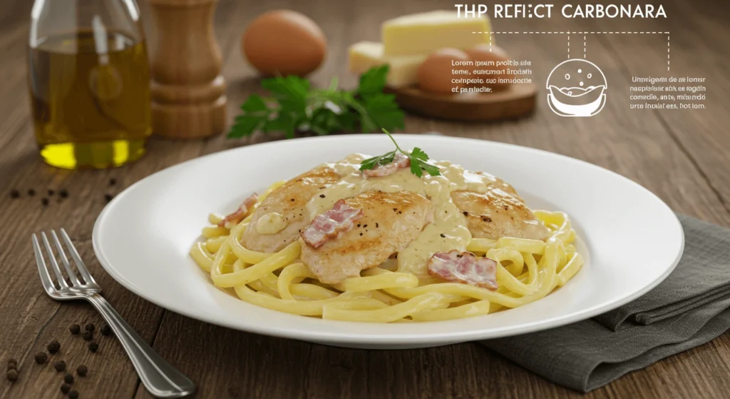 A plate of creamy carbonara pasta topped with grilled chicken, bacon, and parsley garnish, presented with food styling elements in the background.