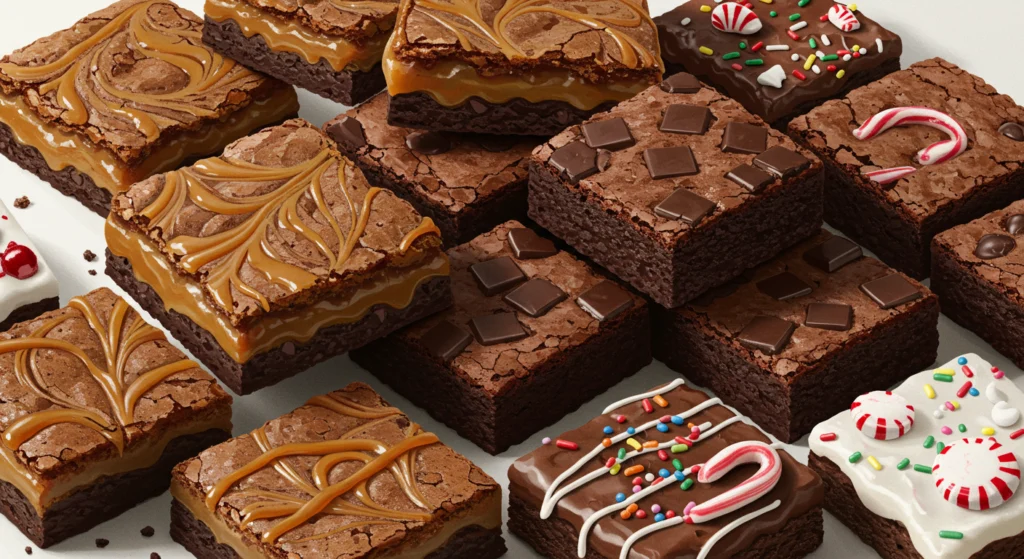 image of Creative brownie variations including caramel swirl brownie s, chocolate chunk brownie s, and holiday-themed brownie s