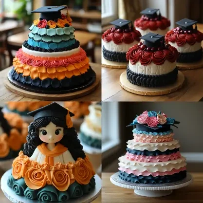 A collection of beautifully decorated graduation-themed cakes featuring creative designs, including colorful ruffles, graduation caps, floral details, and a doll-shaped cake in a graduation gown.